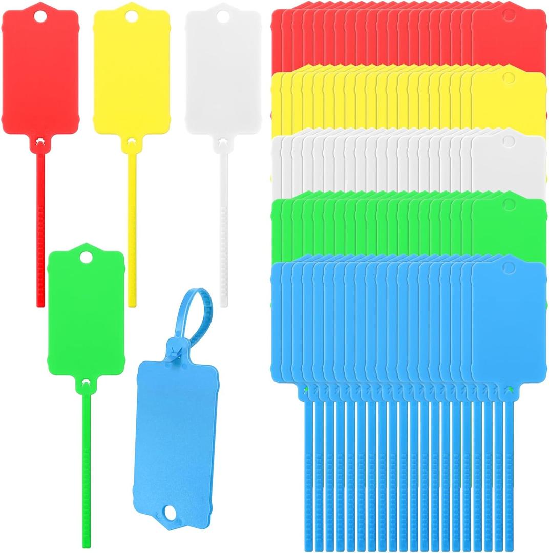 LeonBach 100 PCS Plastic Shipping Tags,1.46" x 2.48", Waterproof Labels Writable Hanging Tag with Sealing Strap,Shipping Cable Tie Label Tags for Keys Luggage Logistic Retail Inventory(Multicolored) (Blue Green White Red Yellow)