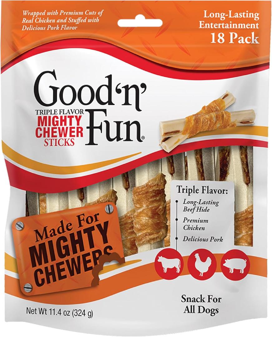 GOOD 'N' FUN Triple Flavor Mighty Chewer Sticks for All Dogs, Treat Your Dog to Long-Lasting Chews Made with Beef Hide, Duck and Prime Rib Flavor, 18 Count (EXP 07/14/26)
