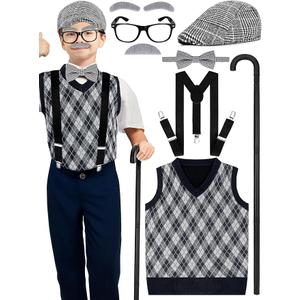 Luces 100th Days of School Costume, Boys Old Man Costume Vest Hat Accessories, Kids 100th Day of School Cosplay Outfit, Size: 5-7Y