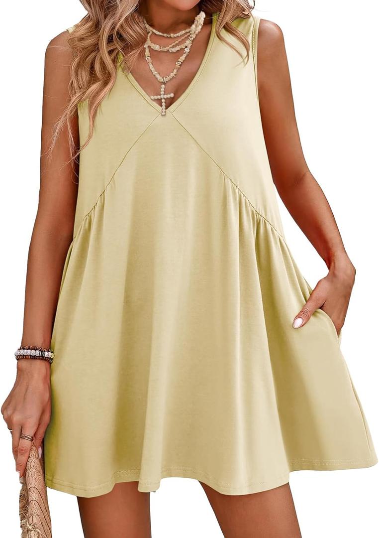 Women's Summer V Neck Sleeveless Mini Dress Casual Loose Pleated Swing Flowy Sundress with Pockets Creamy White (White, Medium)