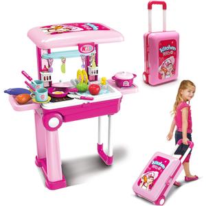 2-in-1Travel Luggage Turn into Play Kitchen, Kids Kitchen Playset Toys with 25+Play Food for Toddelers, Girls and Boys, Pretend Play, 25" H x 9.8" W x 20.8" L, 20.86" X 9.64" X 24.8"