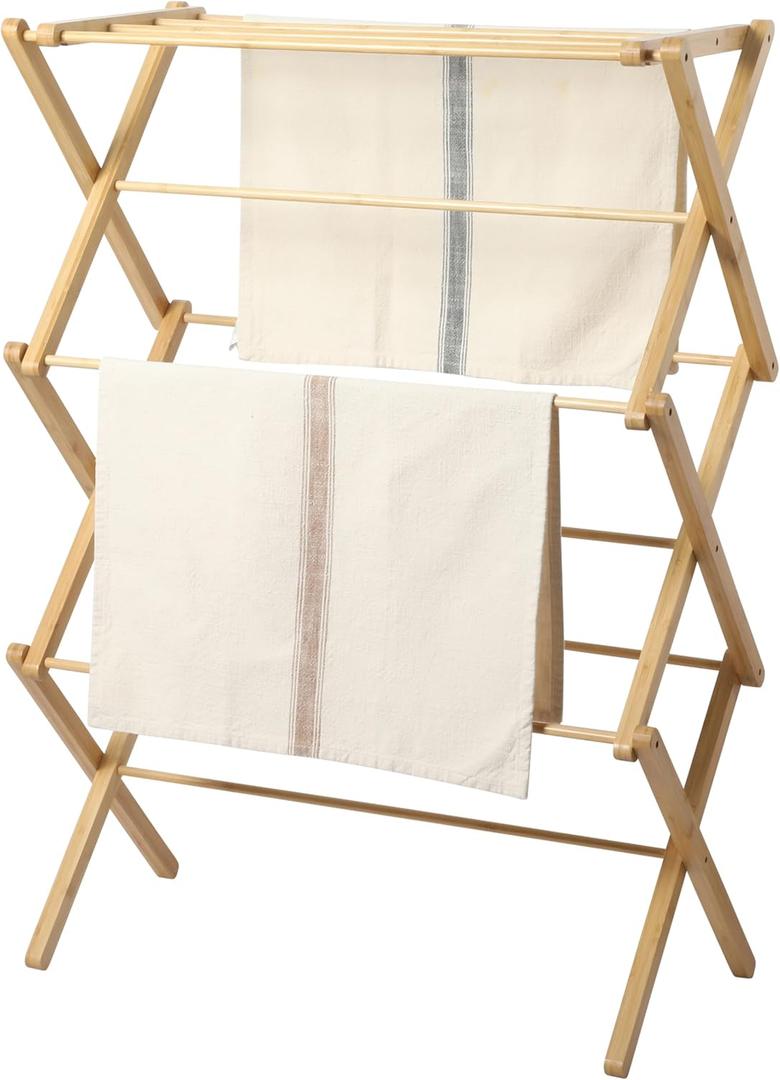 Gibson Home Riverrun Foldable Bamboo Drying Rack for Clothes & Towels – 2-Tier Collapsible Laundry Drying Rack, Space-Saving Air Dry Stand for Clothes, Towels, Blankets, etc for Indoor & Outdoor Use
