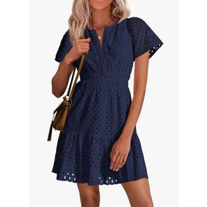 PRETTYGARDEN Womens 2025 Summer Short Dress V Neck Short Sleeve A Line Hollow Out Lace Ruffle Cute Casual Beach Party Dresses L