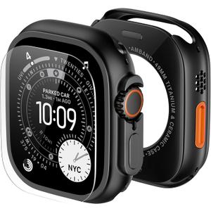 amBand Metal Case Screen Protector Cover for Apple Watch Ultra 3/Ultra 2/Ultra 49mm, W3 Rugged Bumper Thin Frame + 9H Tempered Glass Film + Ceramic-Like Back Cover, [Stylish] [Waterproof], Matte Black