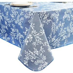 Pioggia Vinyl Tablecloth with Flannel Backing - Waterproof, Oil-Proof, Easy to Clean -Plastic Table Cloth - Perfect for Dining Tables, Kitchen Tables, Parties (Blue Leaves, 5454 Inch Square)