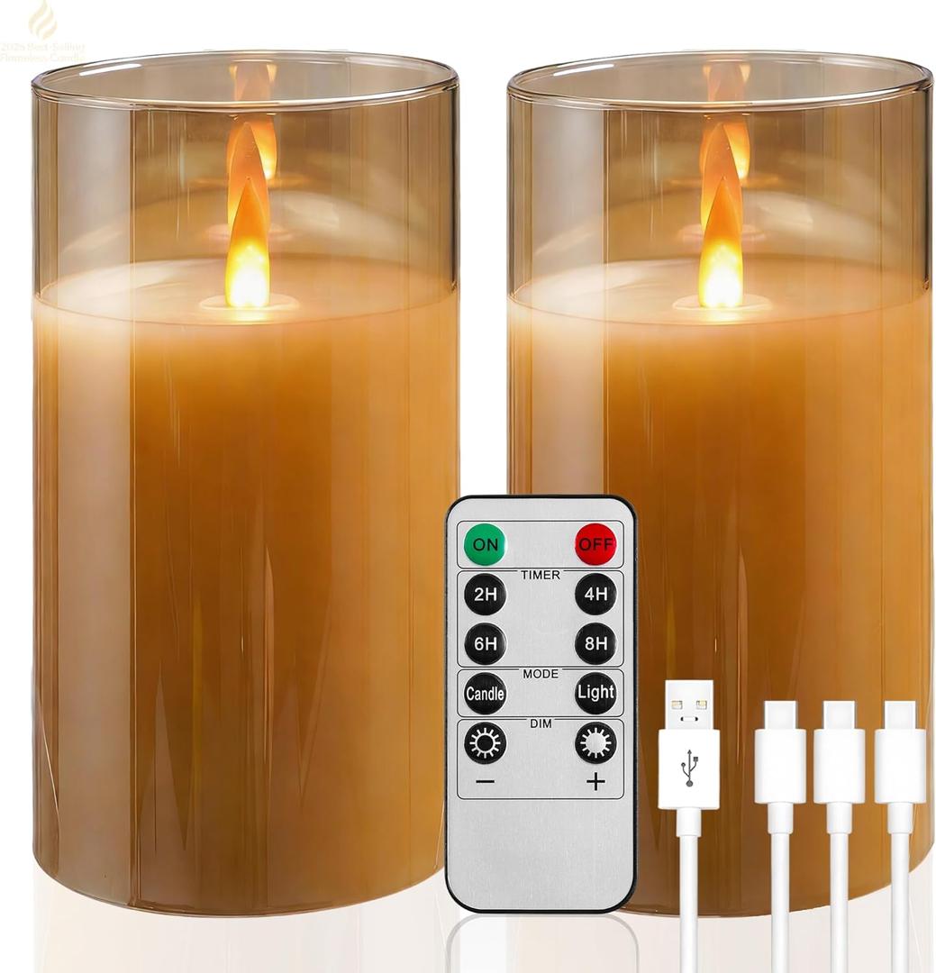HaitanghuaRechargeable Candles, Remote Control Candles, with Remote Control, 2/4/6/8 Hour Timer Function, USB Rechargeable flameless Candles, Pillar Candles, Gold, 6 inches (2 Pack)