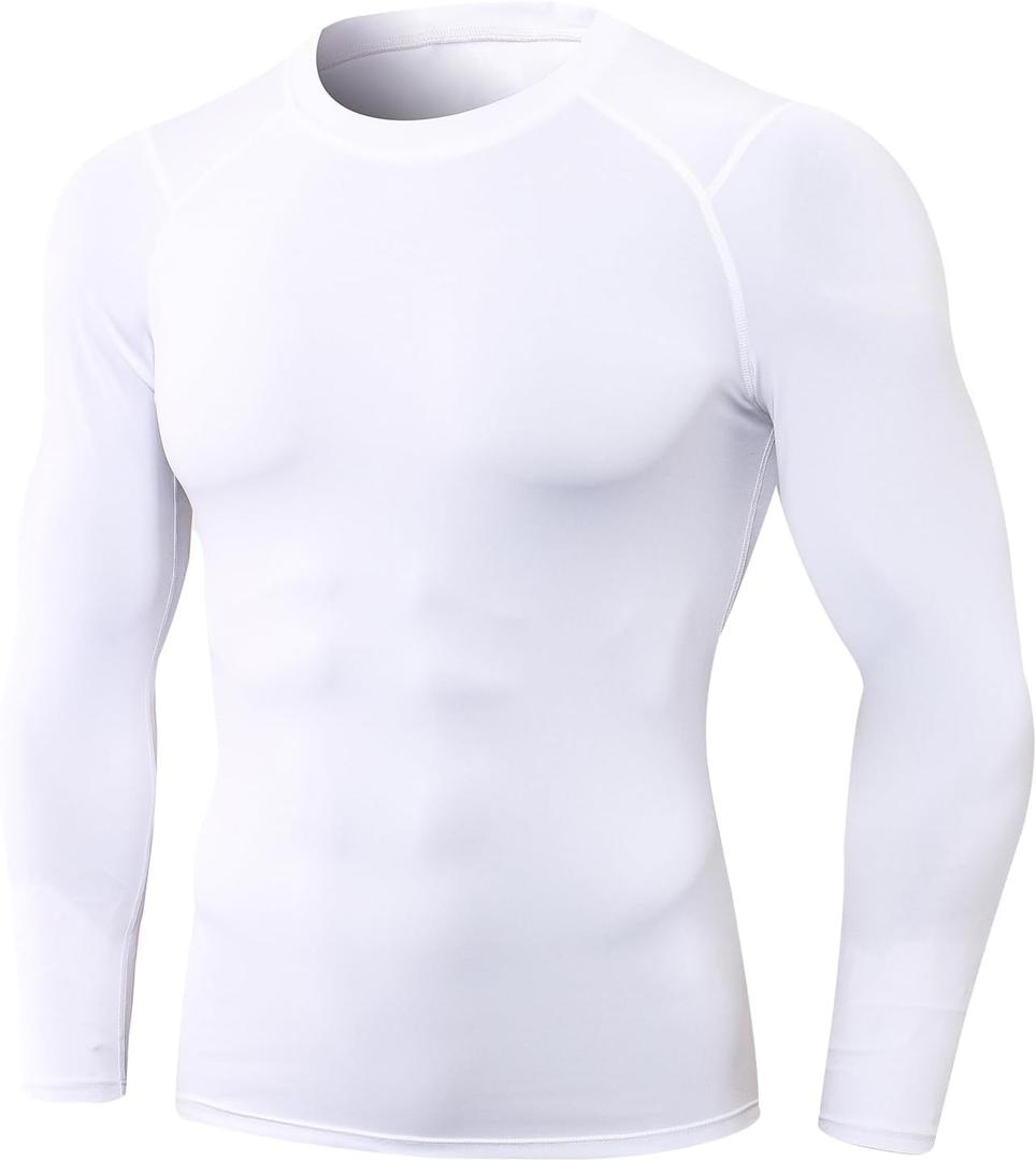 Men's Compression Shirts Long Sleeve Quick Dry Athletic Running T-Shirt Workout Sports Gym Base Layer Tops (White)