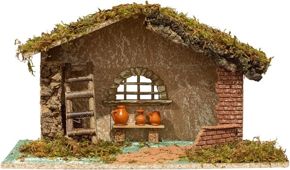 VILLAGE GIFT IMPORTERS Nativity Creche Stable | 11" Tall and 18.25" Wide | Realistic Moss Roof and Floor | Beautiful Texture Work | Ladder, Pots, and Window | Made in Italy