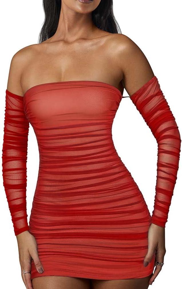 XXTAXN Women's Fall Long Sleeve Mesh Ruched Party Cocktail Mini Bilayer Bodycon Dress Red (Red, S)