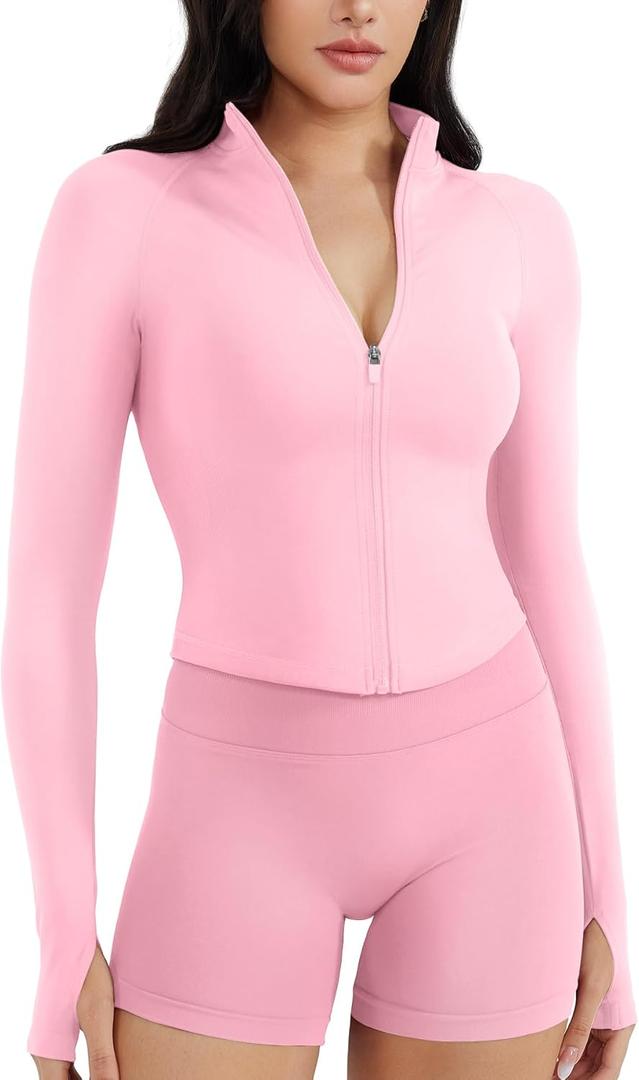 YEOREO SoftHue Women's Athletic Jacket Cropped Long Sleeve Workout Top Zip Up Gym Compression Shirts with Thumb Holes (Large, Pink)