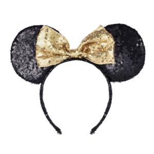 A Miaow Colorful Sequin Headband Glitter Bow Hair Clasp Adults Women Butterfly Hair Hoop Birthday Party Holiday Park Photo Supply (Black and Golden)