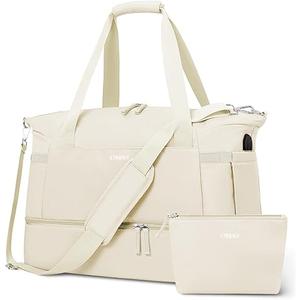 ETRONIK Gym Bag for Women, Personal Item Travel Bag with Shoes Compartment, Weekender Overnight Duffel Bag with Wet Pocket & USB Charging Port, Carry On Bag for Women, Travel, Gym, Weekend (Beige) M