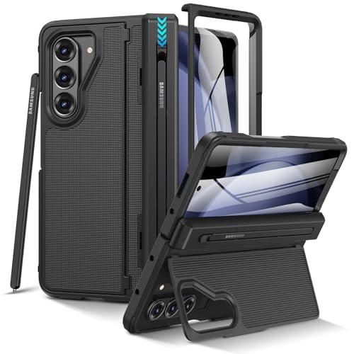 VEGO for Z Fold 5 Case with S Pen Holder, [Hinge Protection] [Screen Protector][Invisible Kickstand] Support Wireless Charging Full-Body Drop Protection Anti-Slip Hard Phone Case for Fold5- Black