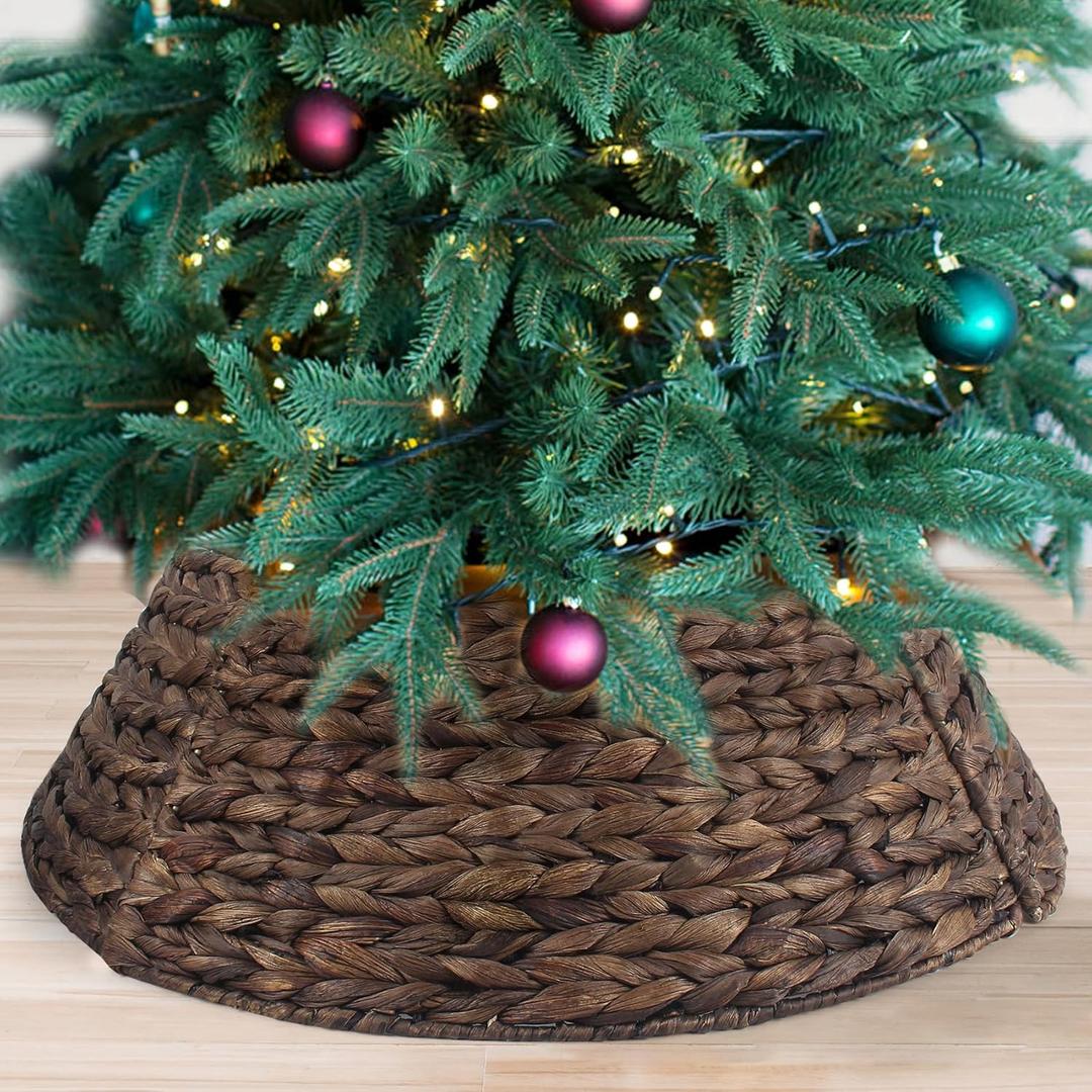 Christmas Tree Collar, 24'' Water Hyacinth Tree Collar, Woven Tree Collar with Cord Cut-Out, Rattan Wicker Tree Skirt Rustic Christmas Tree Basket Base for Artificial Trees, Brown