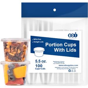 EDI [5.5 OZ, 100 Sets] Clear Disposable Plastic Portion Cups with Leakproof Lids | Jello Shot Condiment and Dipping Sauce Cups | Souffle Cups | BPA Free | Recyclable