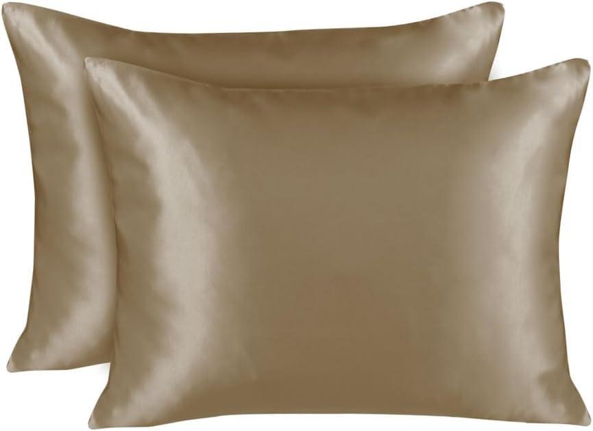 Satin Pillowcase with Zipper, for Hair and Skin Care, Feels Soft and Cool Like a Silk Pillowcase, Beige Satin Pillow Cases 2 Pack, Slik Pillow Cover, Queen Size, Set of 2