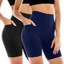 Leafigure 2 Pack Womens Biker Shorts with Pockets, High Waisted Tummy Control Yoga Shorts for Women Running Gym and Workout, Size S-M
