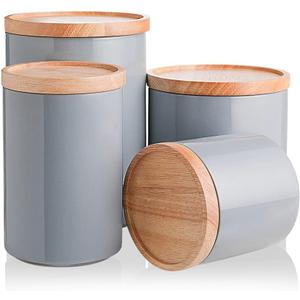 Sweejar Kitchen Canisters Ceramic Food Storage Jar Set, Stackable Containers with Airtight Seal Wooden Lid for Serving Ground Coffee, Tea, Herbs, Grains, Sugar, Salt - Set of 2 (Gray), 16oz,  39oz, 