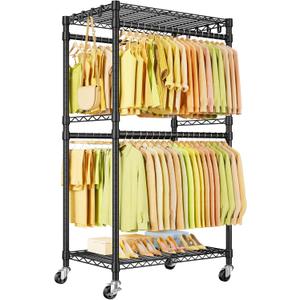 P4 Rolling Clothes Rack Heavy Duty, Clothing Racks for Hanging Clothes, Freestanding Garment Racks with Wheels, Metal Portable Closet Rack 35.5''W  20.5''D  80.5''H, Max Load 560Lbs, Black