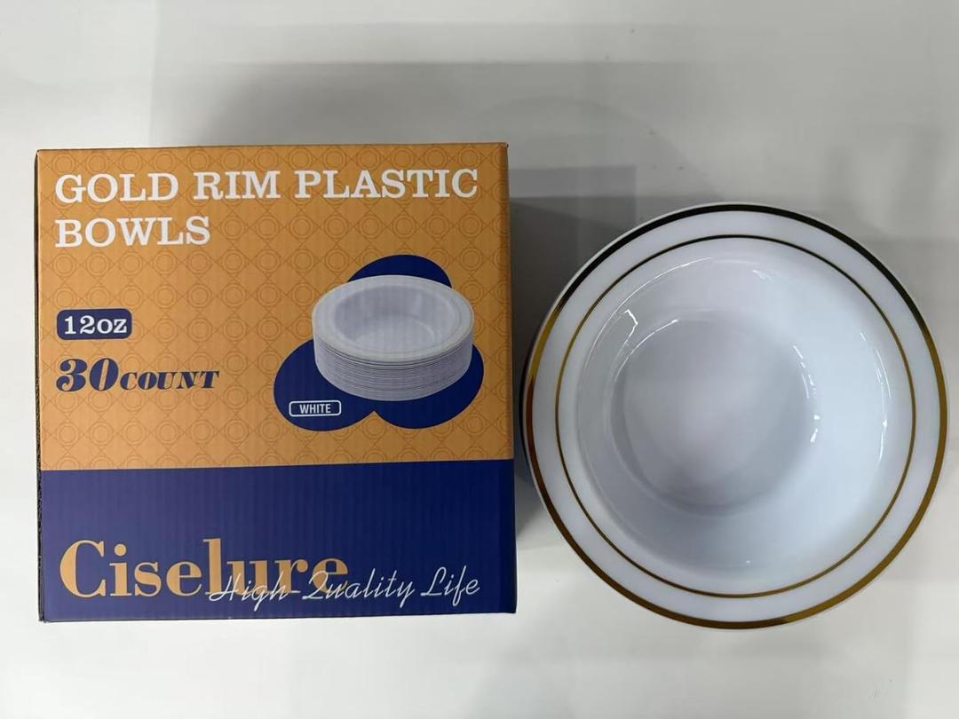 Ciselure 30 Pack Disposable Soup Bowls, 12 Oz Fancy Plastic Soup Bowls with Gold Rim, Weddings, Parties and Everyday Use