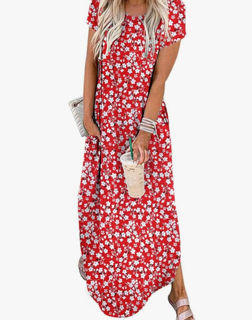 Women Summer Long Sundress Crewneck Short Sleeve Maxi Dress 2025 Casual Loose Beach Dress with Pockets Size L