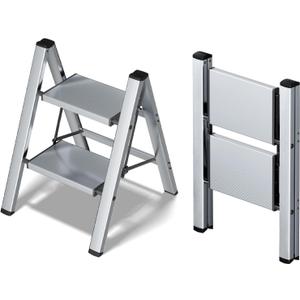 Taranta 2 Step Ladder,Aluminum Lightweight Folding 2 Step Stool with Anti-Slip Wide Pedal,330lbs Capacity Step Ladder for Household,Kitchen,Office - Silver