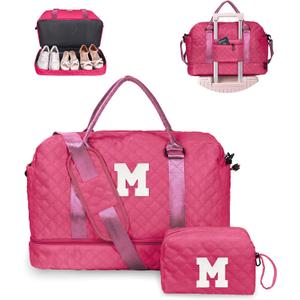 Birthday Gifts for 3 4 5 6 7 8 9 10 11 12 13 Year Old Girls-Initial Travel Bag with Shoe Compartment, Weekender Bag, Overnight Bag for Women, Letter Travel Bag with Makeup Bag (Letter M)