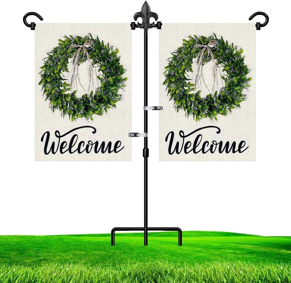 Garden Flag Stand Holder for Double Flags with Fleur De Lis Yard Flag Stopper and Anti-Wind Clip 37H x 30W Black Wrought Iron Yard Garden Season Flag Pole Outdoor