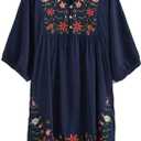 Kafeimali Summer Dress V Neck Mexican Embroidered Peasant Women's Dressy Tops Blouses One Size, Navy Blue