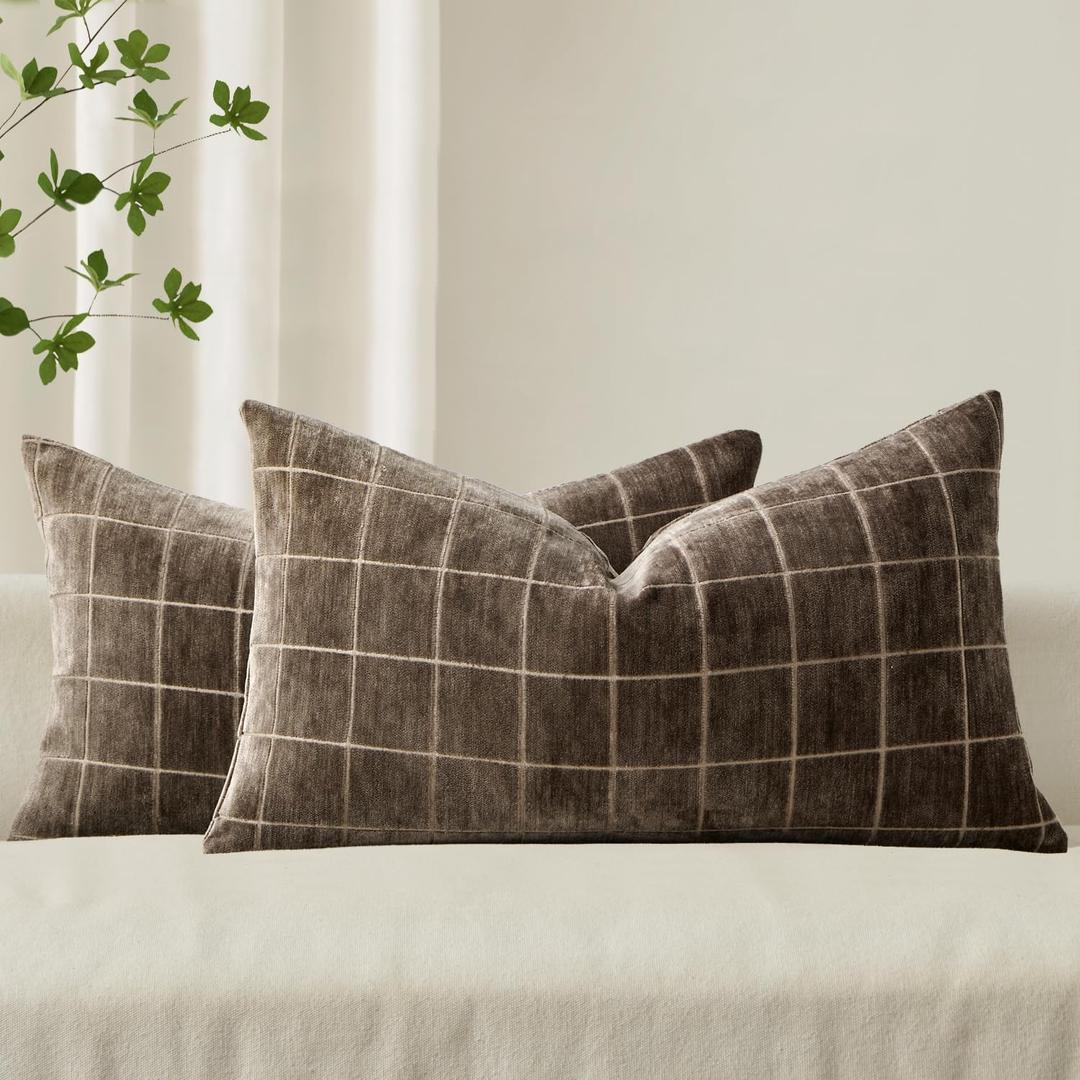 12x20 Inch Set of 2 Vintage Check Couch Pillows Neutral Boho Farmhouse Cushion Covers Modern Home Decor for Sofa Bed Living Room Brown
