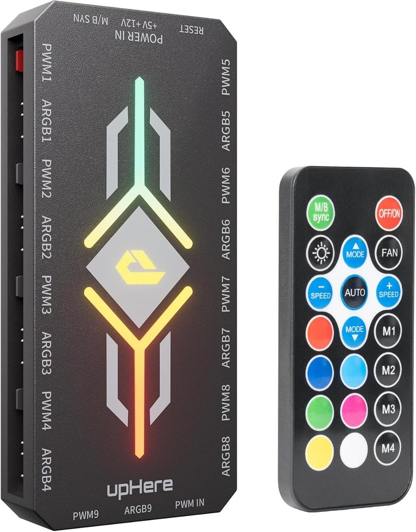 upHere PWM & 5V Addressable ARGB Magnetic Fan Hub 1 to 9-Port PC Case Splitter with Remote Control,SATA-Powered Cooling Hub for Custom RGB PC Builds,Black,P10PARGB BK