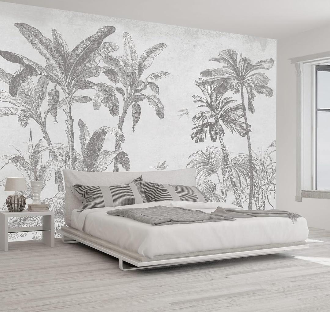Gray Jungle Landscape Wallpaper Mural Tropical Banana Leaf Wall Mural (Not Peel and Stick) (106" x 70", Art Wall-74)