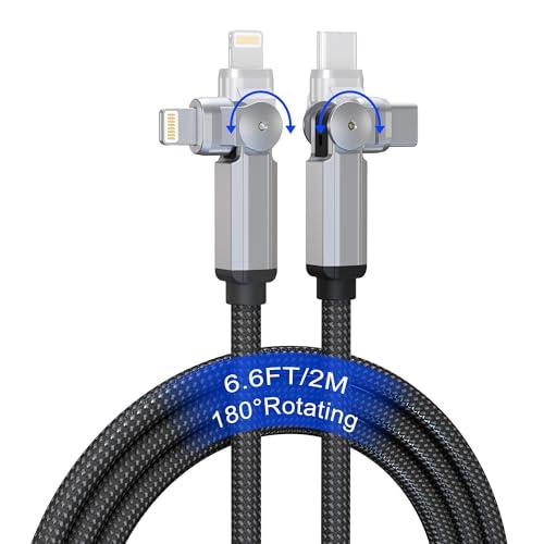 90 Degree USB C to Lightning Cable with 180°Swivel Connector 6.6FT [MFi,3A,Carplay,Data] Rotating iPhone Charger Fast Charging Right Angle Lightning Cable for Apple Carplay iPhone 14 13 12 11 X iPad