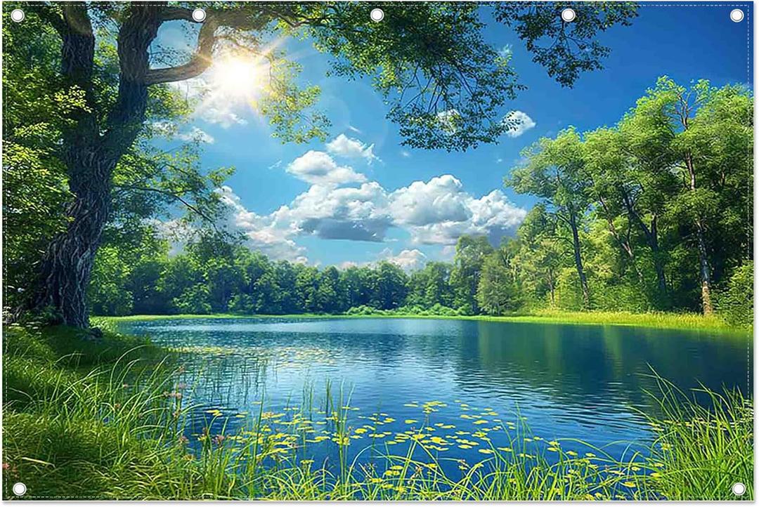 Fabric 12x8ft Lake Natural Scenery Backdrop River Forest Tree Blue Sky Bokeh Background Picnic Camping Hiking Spring Outdoor Party Decorations Photoshoot Banner Props