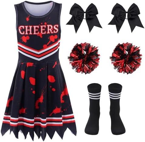 Zombie Cheerleader Costume for Girls Cheer Costumes Kids Halloween Scary Bloody Dress Accessories Set Size L