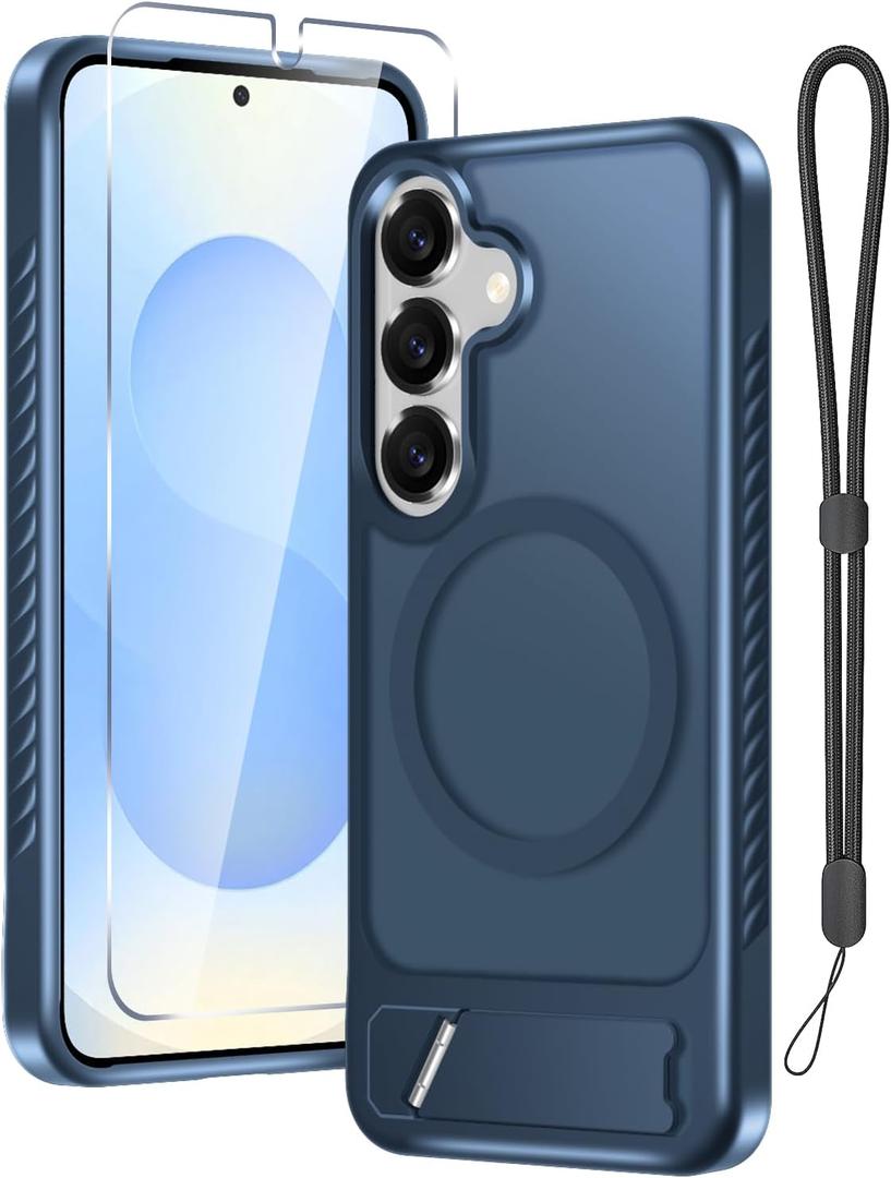 for Samsung Galaxy S25 Case with Screen Protector+Lanyard Wrist Strap,Magnetic Translucent Matte Rugged Slim Phone Cover Built in Invisible Kickstand [Fit for MagSafe],2025 Navy Blue