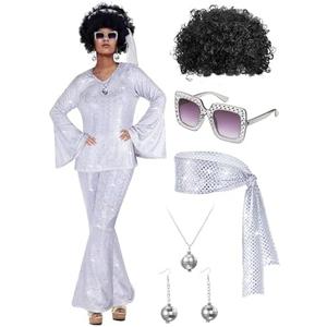 Jexine 70s Women Disco Outfit Costume Disco Party Top Pants Sunglasses Ball Necklace Earring Wig for Halloween New Year Eve, XL