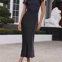 Gmeitoey 2026 Satin Cap Sleeve Cowl Back Summer Dresses for Women Elegant Ruched Waist Wedding Guest Midi Dress (Black, M)