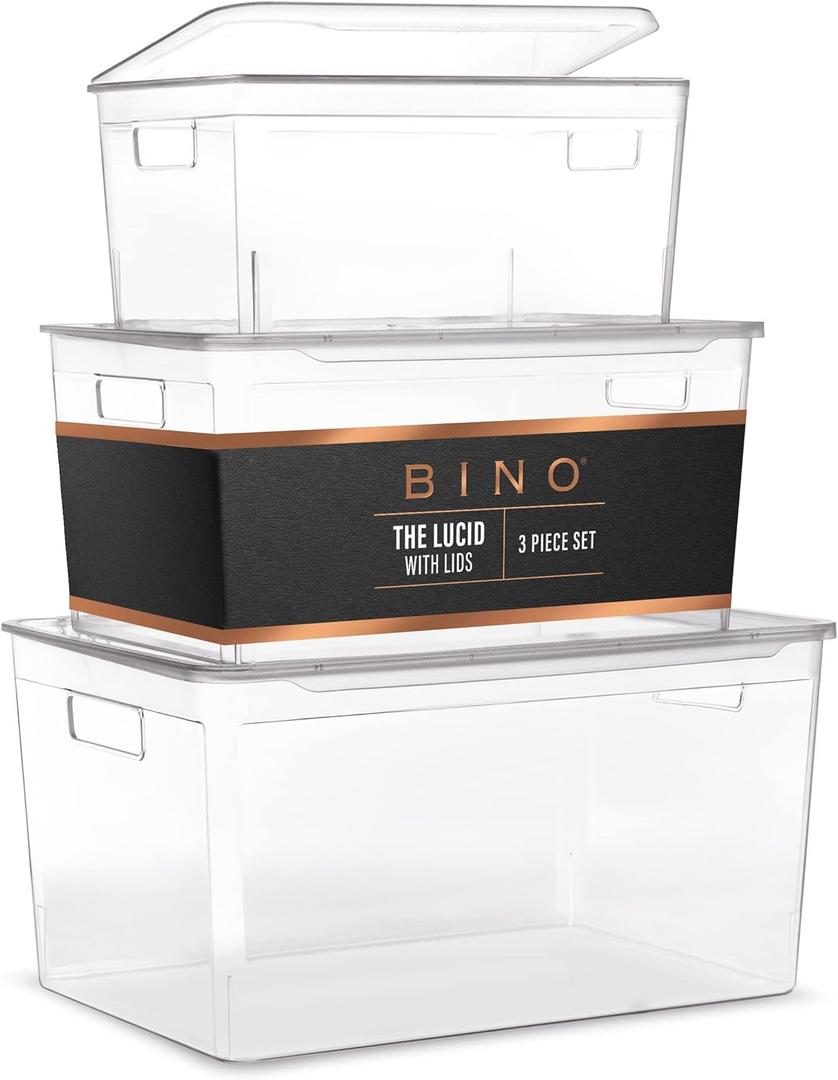 BINO 3-Piece Plastic Organizer Bins with Lids Set - Clear | THE LUCID COLLECTION | Stackable Storage Organizer | Office Kitchen & Bedroom | Bin for Clothing Books Makeup & Toys