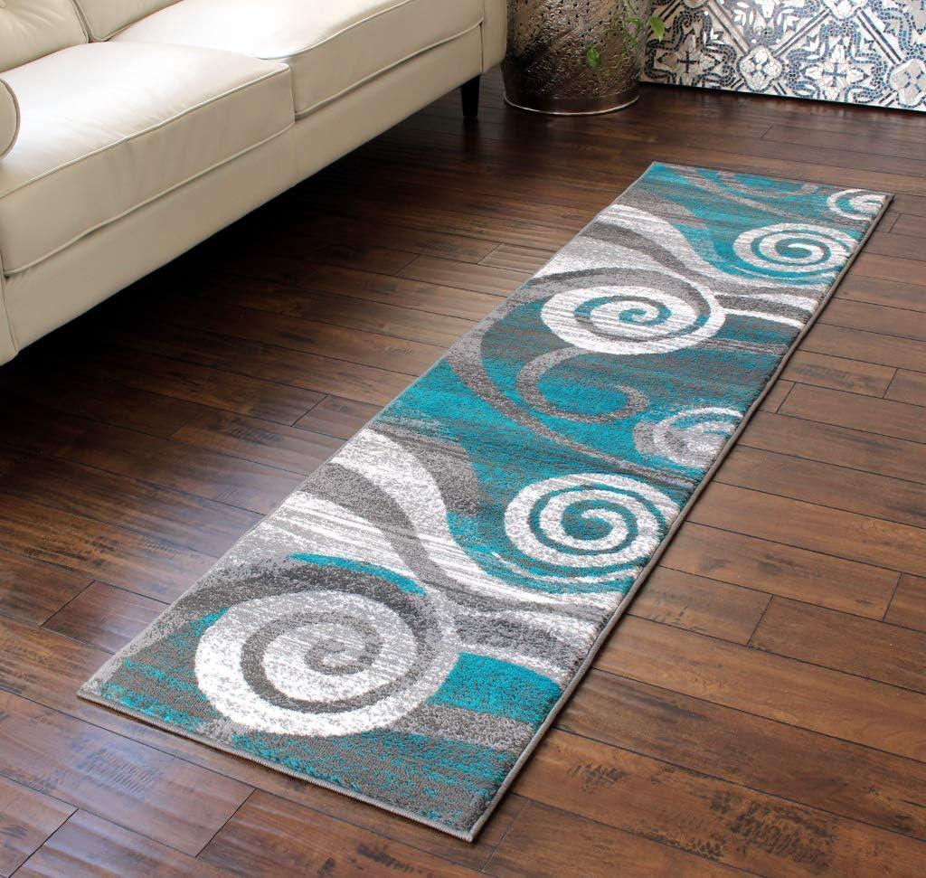 Masada Rugs, Stephanie Collection Area Rug Modern Contemporary Design 1103 Turquoise Grey White (2 Feet X 7 Feet 3 Inch) Runner