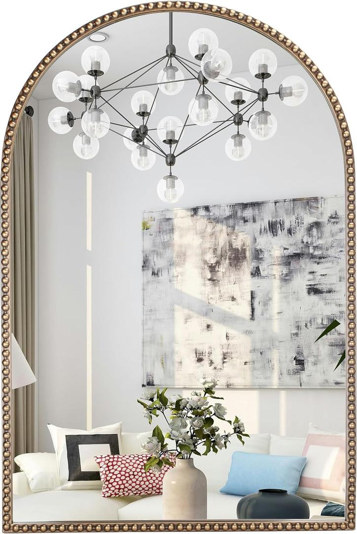 Antique Gold Arched Wall Mirror 20"x30", Ornate Beaded Metal Frame Bathroom Mirror, Vintage Decorative Wall Mirror for Bedroom, Living Room, Entryway, or Vanity Dcor