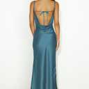 Summer Satin Spaghetti Strap Cowl Neck Backless Midi Dresses for Women Elegant Tie Low Back Ruched Cocktail Dress (Blue, M)