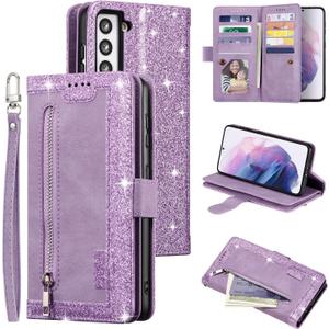 UEEBAI Wallet Case for Samsung Galaxy S21 5G, Retro 9 Card Holder Slots Zipper Pocket PU Leather Handbag Cover Magnetic Closure Kickstand with Wrist Strap TPU Shockproof Flip Case - Glitter Purple