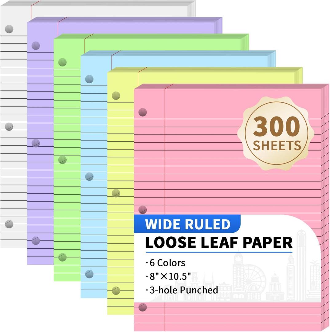 300 Sheets Loose Leaf Binder Paper, 6-Color Wide Ruled Lined Paper, 8 x 10.5, 3-Hole Punched Notebook Paper Writing Paper for School Office