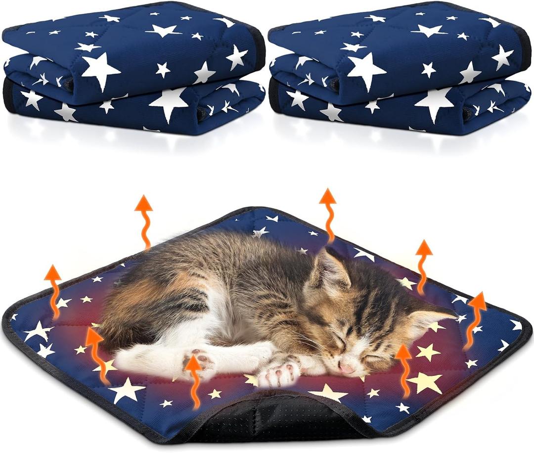 Namalu 4 Pack Self Warming Cat Bed Self Heating Cat Mat Star Pattern Soft Dog Crate Pad Thermal Pet Mat Anti Slip Kennel Dog Washable Warming Bed for Outdoor Indoor (12 x 12 Inch, Blue)