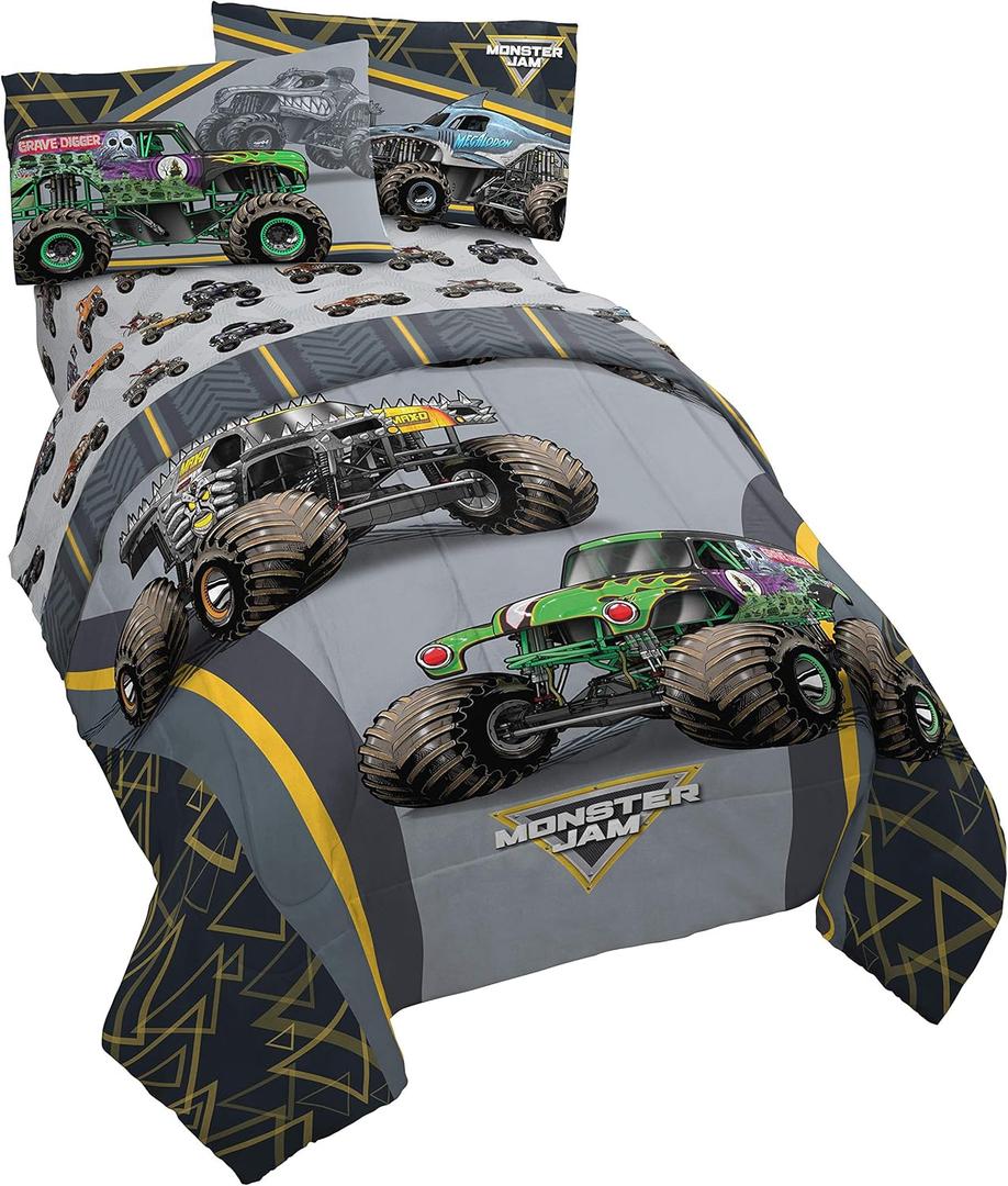 Jay franco Monster Jam MJ Life 5 Piece Full Bed Set-Includes Reversible Comforter&Sheet Set-Bedding Features Grave Digger, Max-D, Megalodon-Super Soft Microfiber-(Official Monster Jam Product)