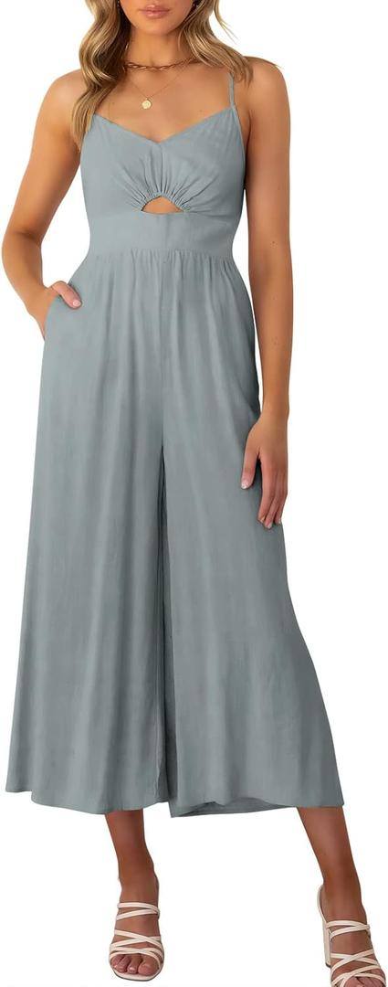 ANRABESS Womens Jumpsuit Summer Beach Vacation Romper 2025 V Neck Sleevelsee Spaghetti Strap Cutout Linen Wide Leg Clothes grey Large 