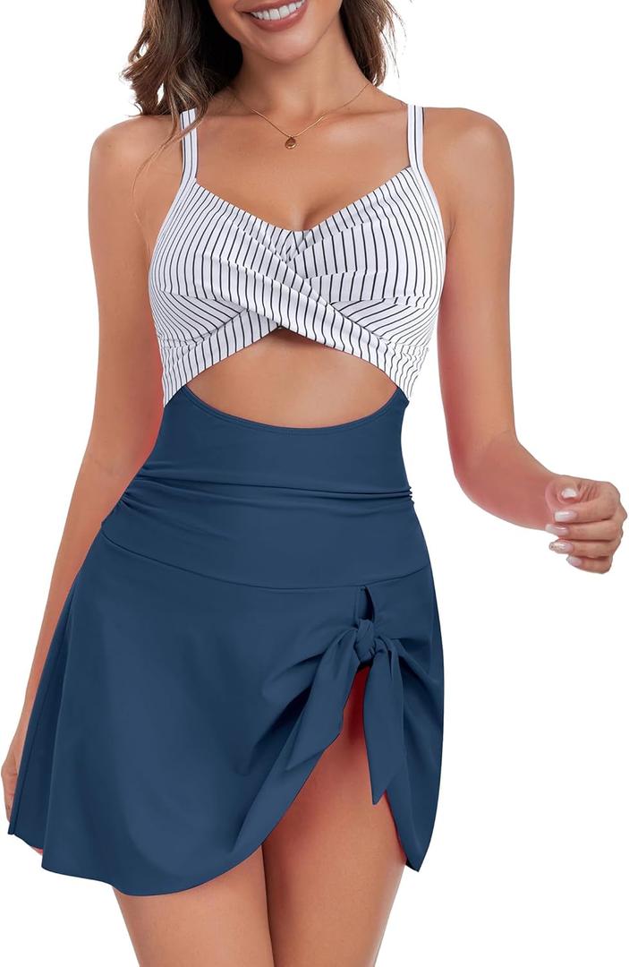 ZAFUL Women One Piece Swimdress Tummy Control Bathing Suit Push Up Swimsuit Modest Swimwear Cutout V Neck Cute Tie Knot Skirt (Small, Blue Striped)