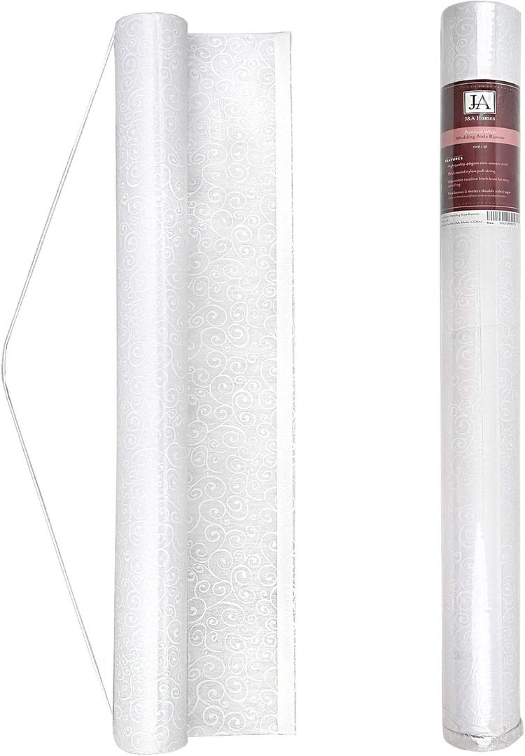 J&A Homes White Wedding Aisle Runner - Professional-Grade Nylon, Includes Tape Double-Sided Adhesive - Disposable Scroll Pattern Runner Great for Indoor or Outdoor Weddings, Prom, Parties (White (3x50 Ft))