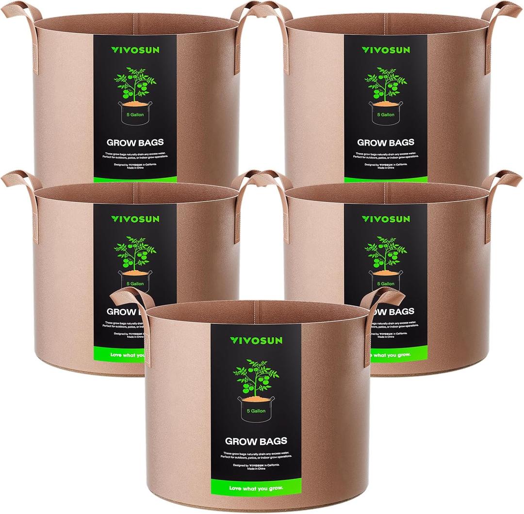 VIVOSUN 5-Pack 5 Gallons Grow Bags Heavy Duty Thickened Nonwoven Fabric Pots with Strap Handles Tan
